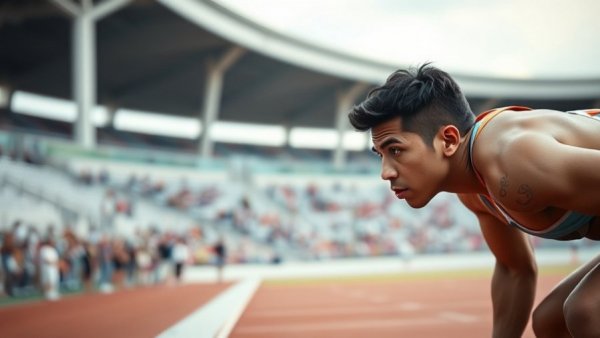 Track athlete focused at starting line, discussing financial issues.