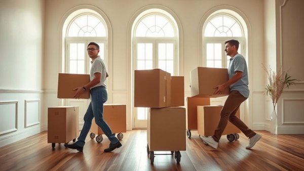 Professional movers handling boxes in bright room for stress-free local relocation in Massachusetts.