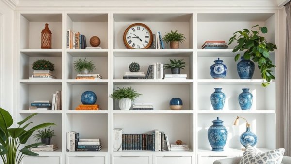 Stylish bookshelf arrangement, highlighting home design trends.