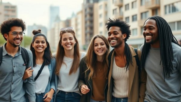 Group of friends walking in the city on a sunny day