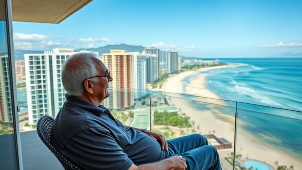 Retired man enjoying coastal view, representing affordable living in Colombia.