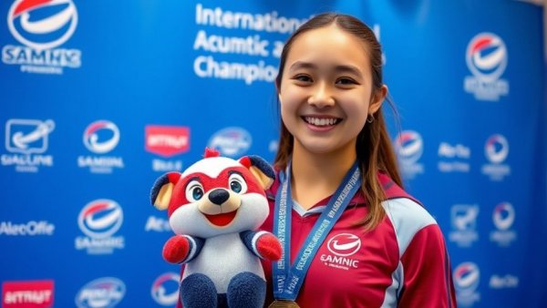Young woman with medal smiling at sports event, holding mascot, women's super-suit standards