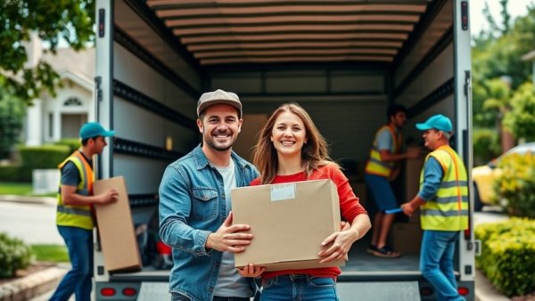 Smiling couple with moving box, showcasing easier way to move.