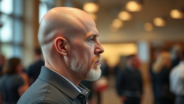 Profile view of a bald man wearing glasses in a blurred indoor setting.