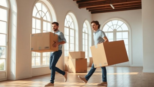 Movers carrying boxes in a bright room, moving abroad concept