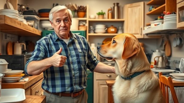 Man points at dog in a messy kitchen, illustrating home issues.