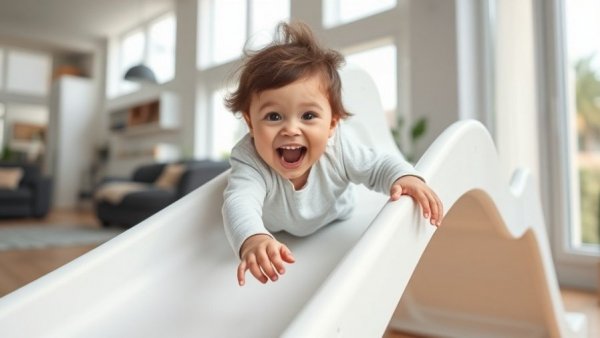 Playful child sliding indoors, vibrant modern home.