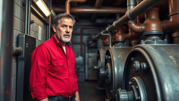 Man inspecting old boilers in bright industrial setting