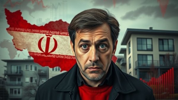 Iran conflict housing market impact illustrated with concerned man and economic imagery.