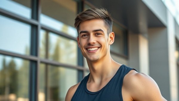 Young athlete smiling confidently outside a building, Michael Boyle Gold Medal Victory