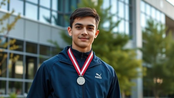 Brenton Russell Jr. with silver medal in front of building