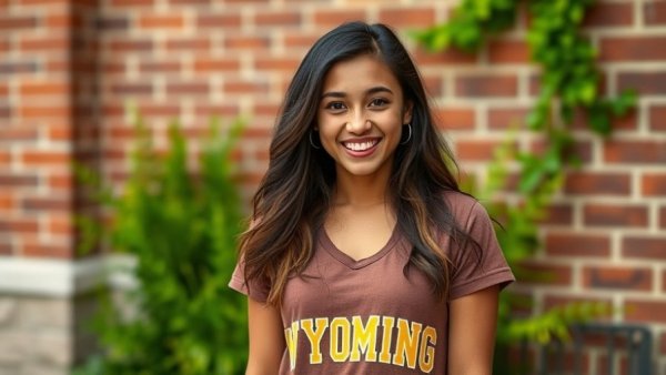 Wyoming swimming commitment Paige Nguyen smiling in a Wyoming t-shirt.