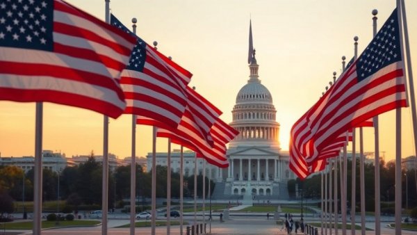 Great American Exit: American flags near Capitol at sunrise.
