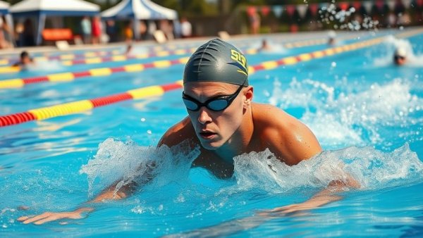 Focused and determined swimmer in a vibrant pool.