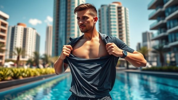 Man near a modern pool, highlighting smart home technology.