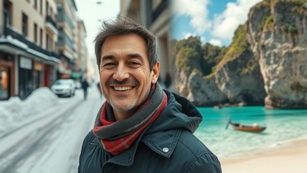 Man comparing winter urban street and tropical beach, retiring in Thailand
