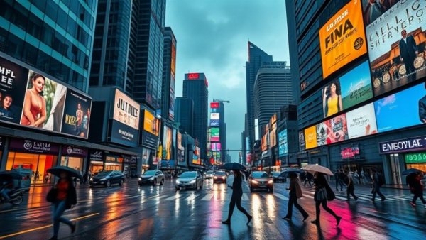 Bustling Kuala Lumpur street with digital billboards, evening rain.