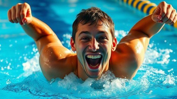Smiling swimmer celebrates success, winning 50m freestyle.