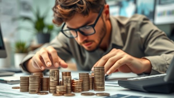 Calculating income abroad with coins and calculator.