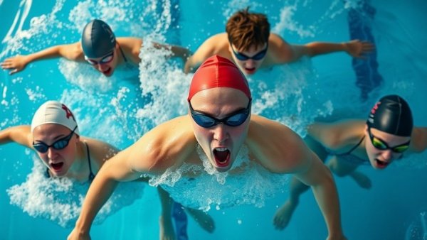Aerial view of swimmers racing in a pool, blue lane dividers.