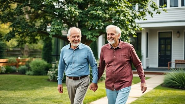 Happy older couple enjoying their property in a lush garden.