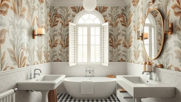 Modern bathroom design with patterned tiles and wallpaper, 2023 home design trends.