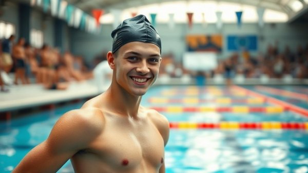 Young swimmer smiling post-race, open water swimming event