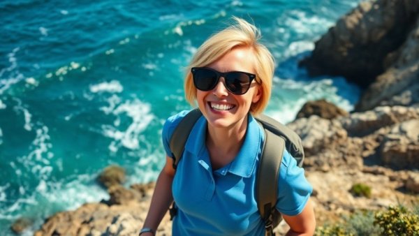 Smiling woman by ocean, expat lifestyle adventure