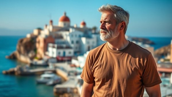 Man considering retirement in Greece with scenic coastal backdrop.