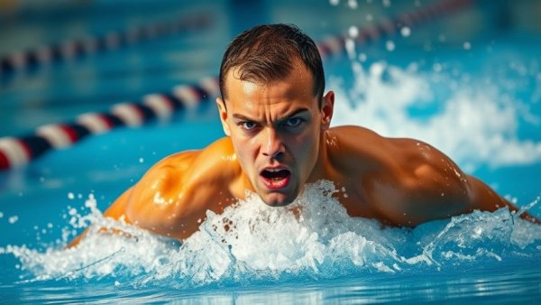 Focused male swimmer competing in men's 200 breaststroke race