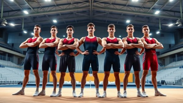 Canadian gymnastics team posing at 2026 Commonwealth Games MAG Team Finals