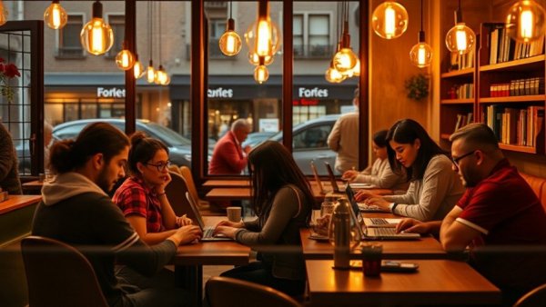 Expat entrepreneurs collaborating in a cozy cafe setting