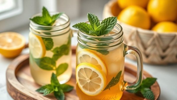 Refreshing iced tea in mason jars with lemons, home style trends.
