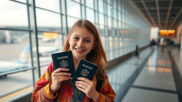 Young girl enjoys traveling with kids in airport terminal.