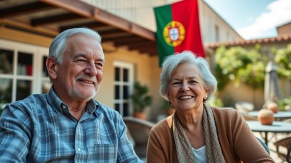 Elderly couple smiling in a sunny Portuguese courtyard; Why Move to Portugal.