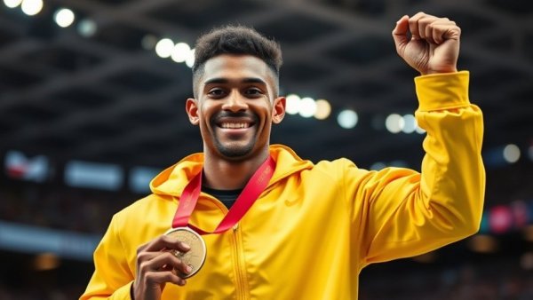 Athlete in yellow jacket celebrating win at the Commonwealth Games.