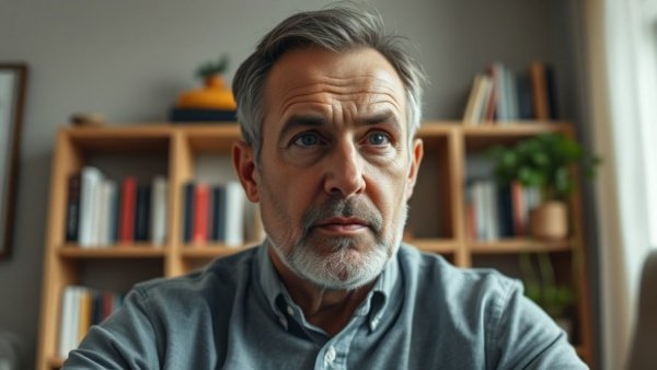 Middle-aged man discussing future homes in a bright video studio.