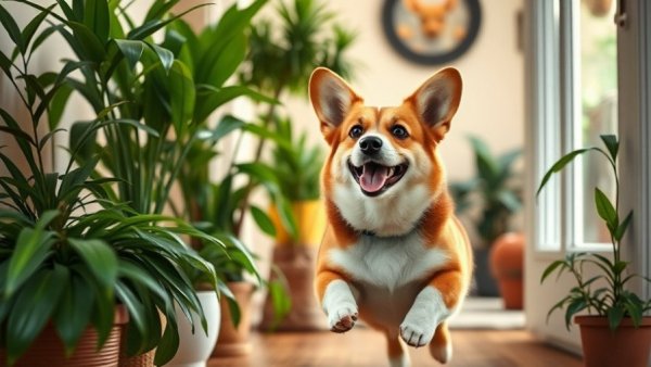 Build a home you'll never want to leave with lush plants and playful corgi.