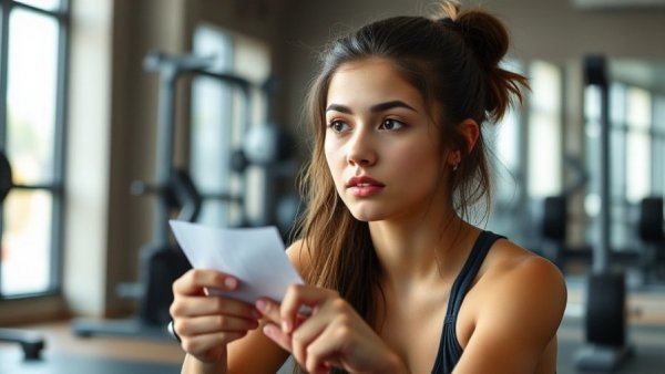 Young woman in gym holding paper, pondering during workout