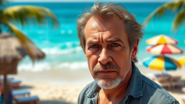 Mature man on Thailand beach with colorful umbrellas, best town to retire in Thailand