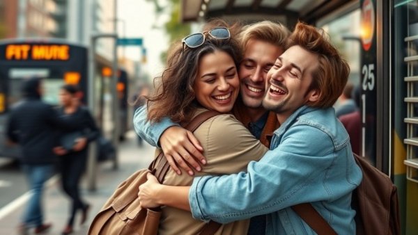 Warm embrace at bus stop, expressing psychology of belonging for expats