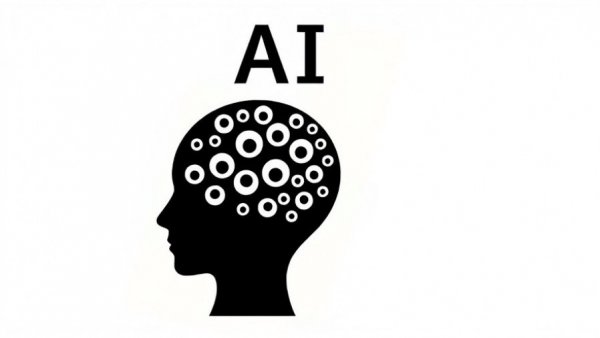 AI concept with googly eyes in silhouette head on white background.
