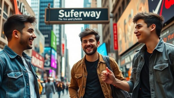 Young men in lively conversation at Times Square with subway sign.