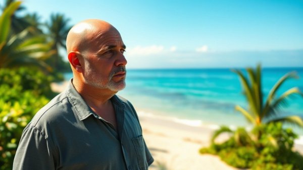 Retirement in Chumphon: serene beach scene with a thoughtful man.