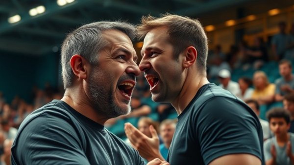 Wrestling coach in intense moment cheering during toughest moments in wrestling