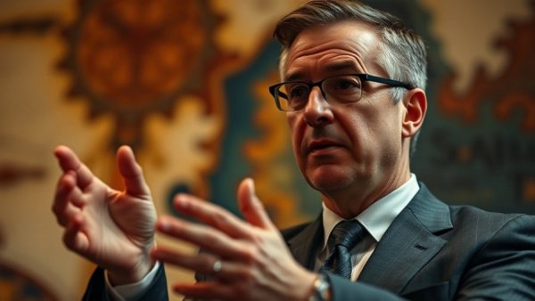 Man in a suit gesturing while speaking about closing your bank account abroad.