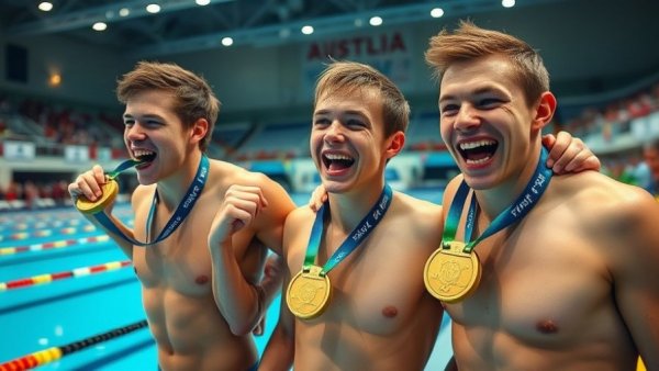 Australian swim team celebrating victory with gold medals in indoor arena.