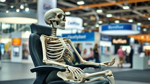 Skeleton seated in ergonomic chair at exhibit, showcasing ergonomic seating.