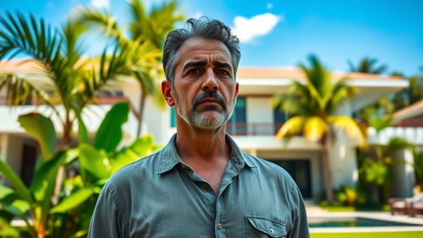 Middle-aged man contemplates monthly costs of living in Thailand