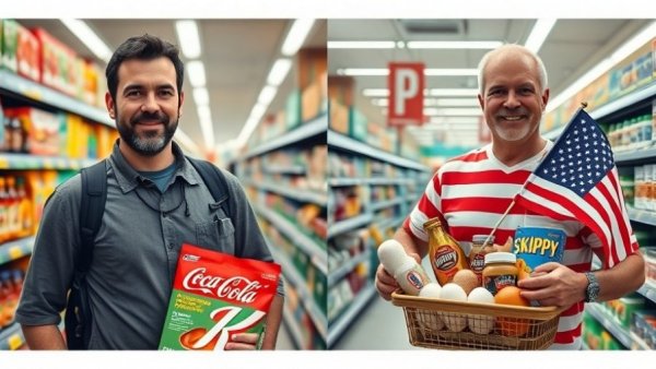 Comparing Grocery Prices in America and Portugal with flags and groceries.